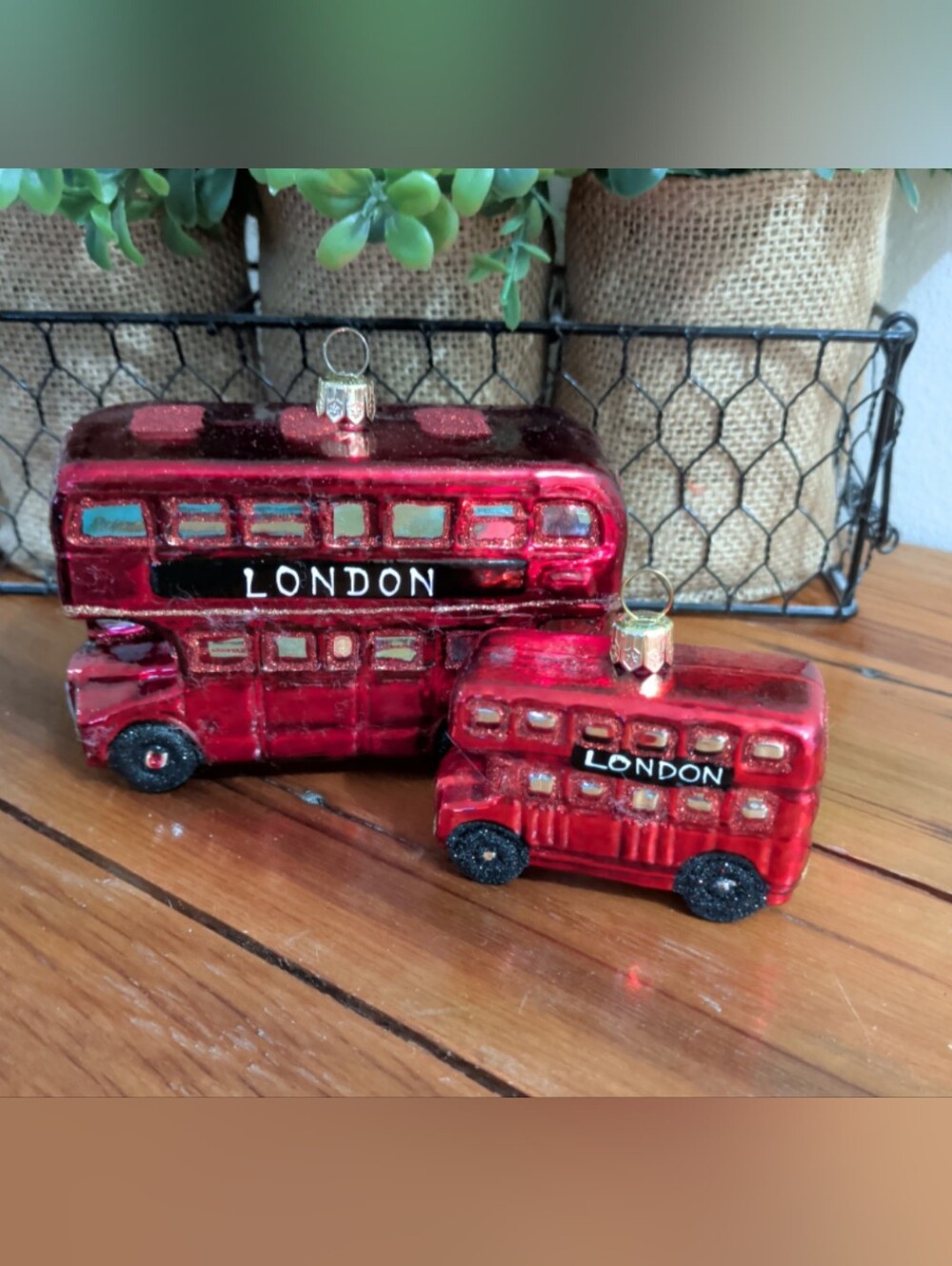 Glass Christmas Tree Ornaments London Double Decker City Bus Set of 2